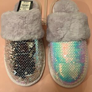 Sequin and Faux Fur girls Slippers mermaid, silver, violet